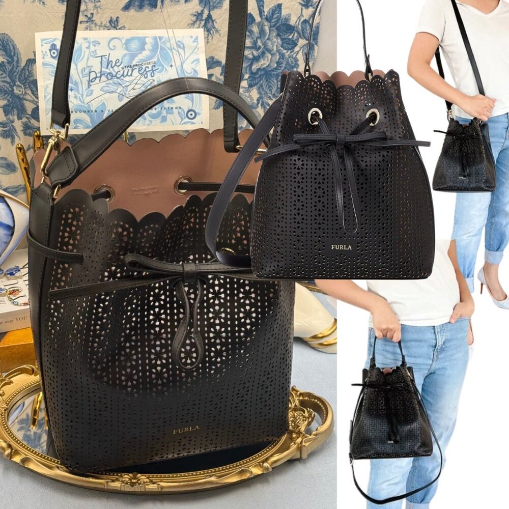 🆕 FURLA 🧿 NWOT Constanza Laser Cut Drawstring Bucket Bag, Black Leather